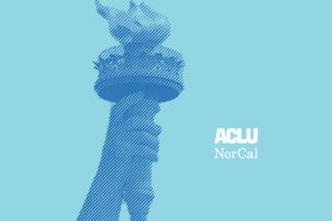 Close-up image of the Statue of Liberty's hand holding the torch, with the ACLU NorCal logo.